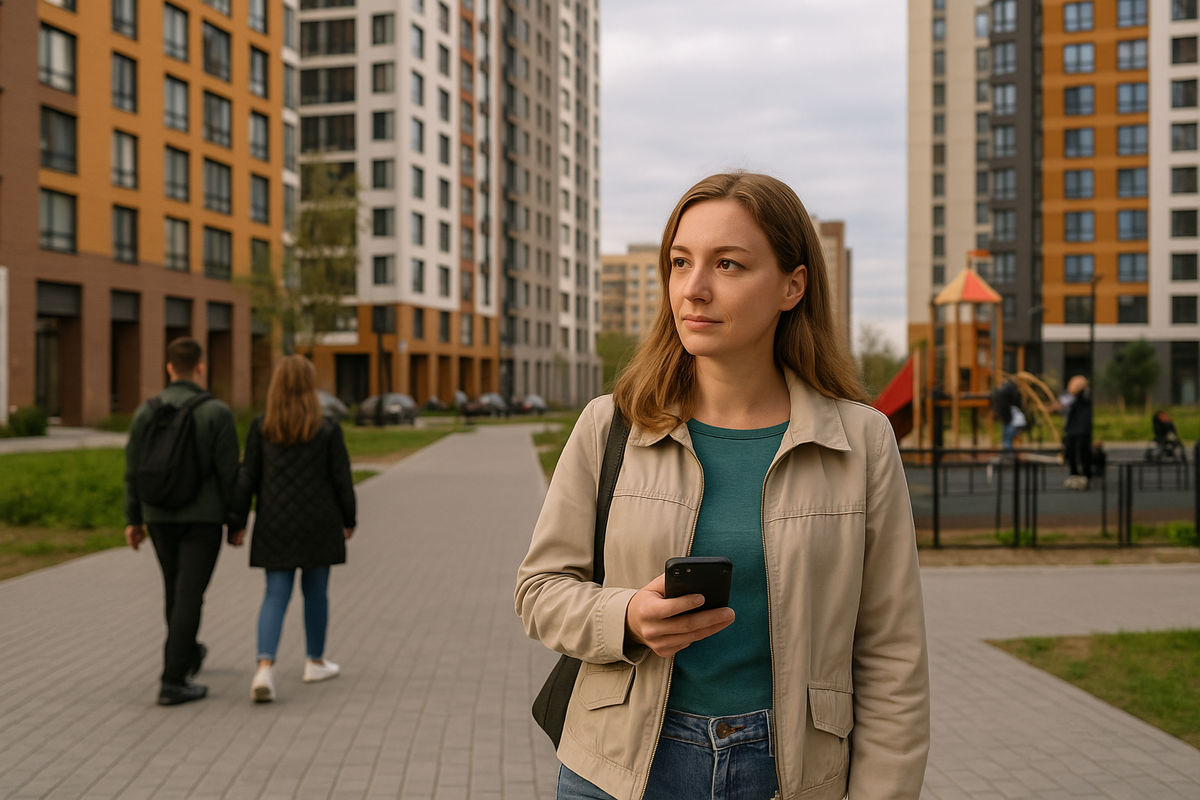 Люди гуляют по двору в Солнцево, современный жилой район Москвы