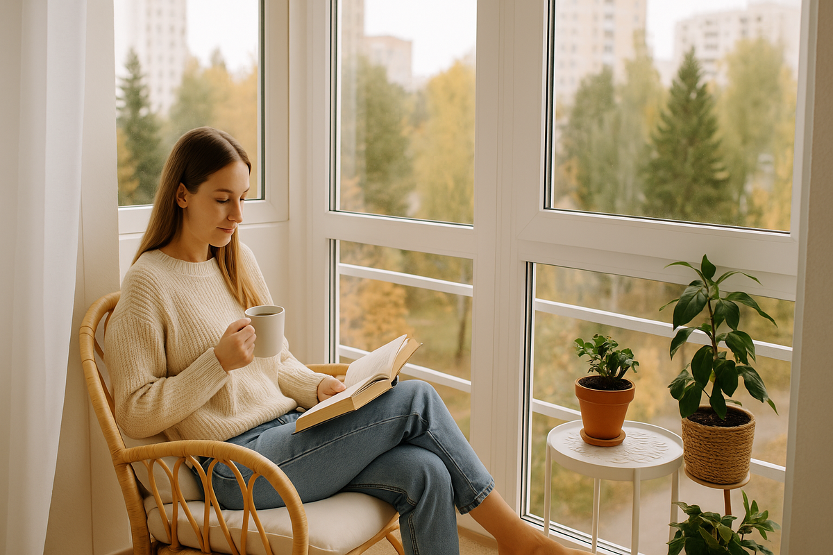 Балкон, уют, девушка, кофе, новостройка