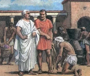 Слева хозяин, по середине надзиратель(Эфор), справа раб.