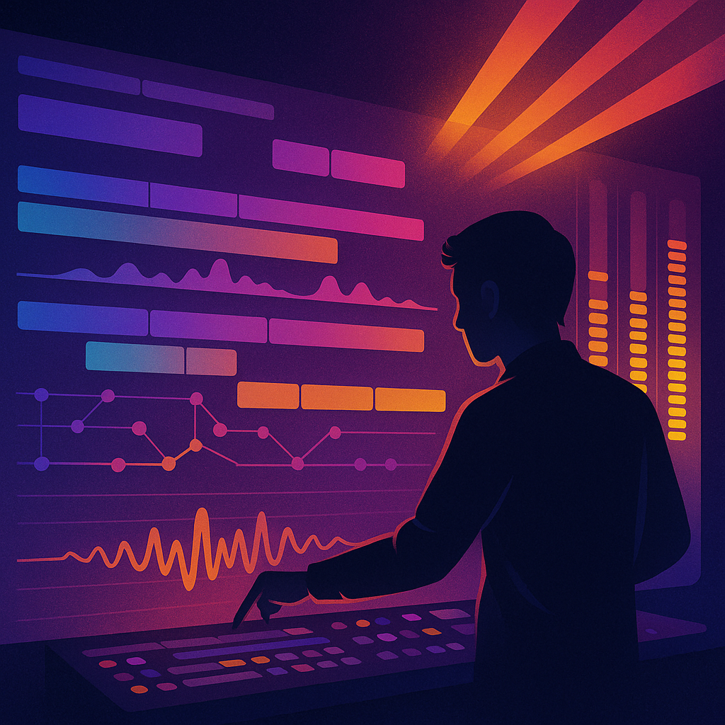 Художник управляет яркой панелью мультимедийного секвенсора, где полосы звука, графы данных и световые дорожки сливаются в единую сцену — визуальный символ возможностей ossia score для аудио-визуальных шоу.