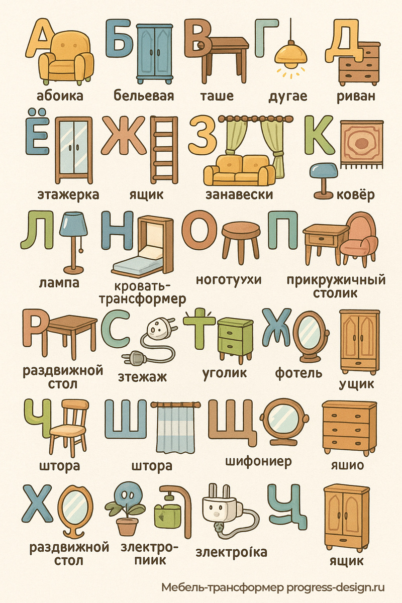 Решили немного поэкспериментировать и попросили ChatGPT создать азбуку для малышей на тему... конечно же, мебели! 😉 

И посмотрите, какая милота получилась! Тут и "Д" – это "риван", и "Н" – наша любимая "кровать-трансформер"

Мы залипли всей командой, рассматривая эти картинки! А какая буква больше всего понравилась ВАМ и почему? 🤔 Пишите в комментариях, очень интересно!

Кстати, если у вас есть друзья с маленькими детьми – обязательно перешлите им этот пост. 

Пусть учат алфавит правильно, с хорошим вкусом к интерьеру с детства! 😄