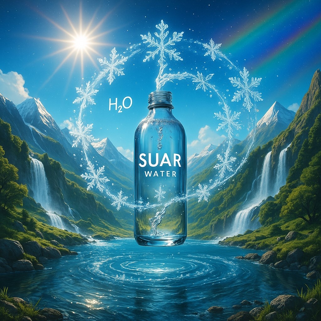 На фоне горных пейзажей, водопадов и снежинок бутылка минеральной воды СУАР предстает как символ первозданной формулы H₂O — кристально чистой и живой.