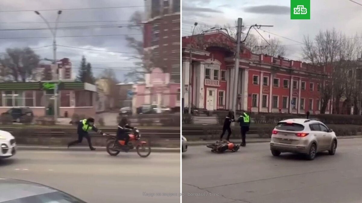 Скрин из эфира федерального телеканала. Инспектор ГАИ в Барнауле останавливает мотоциклиста.
