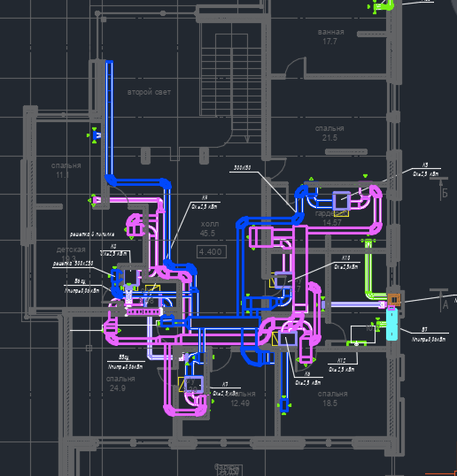 Фрагмент проекта ОВиК вентиляции дома 1000 кв.м.. Второй этаж, зона спален.