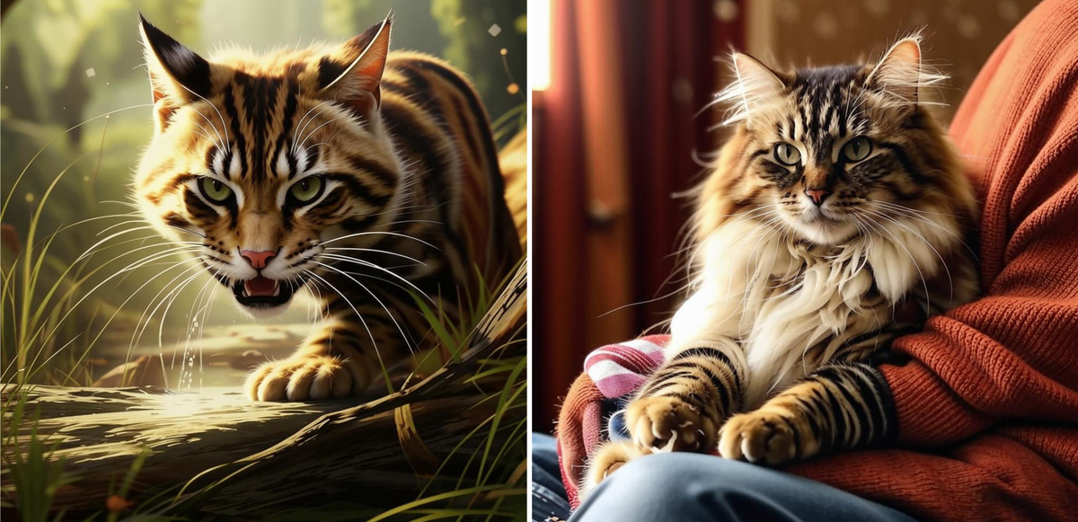 Миллионы лет эволюции прошли, а кошки особо и не изменились... (коллаж Перепечаева К.А.)