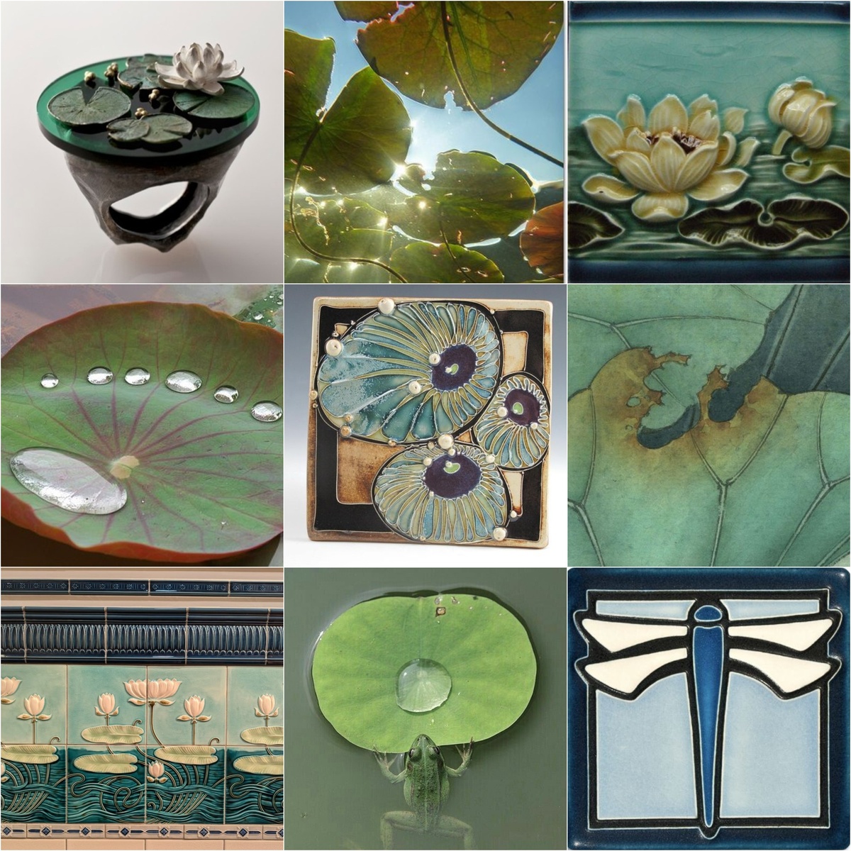 1. Мотивы кувшинок в украшениях, керамике, живописи. Иллюстрации из открытых источников. Коллажи авторские.