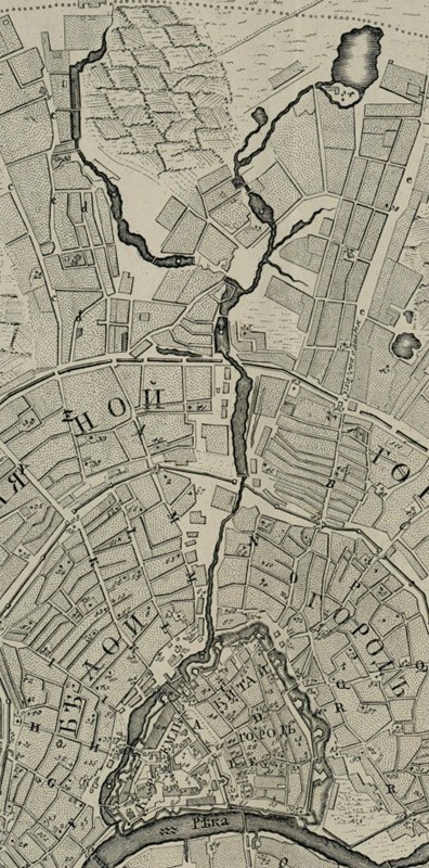 На этой карте 18 века — река Неглинная до её заключения в трубу.