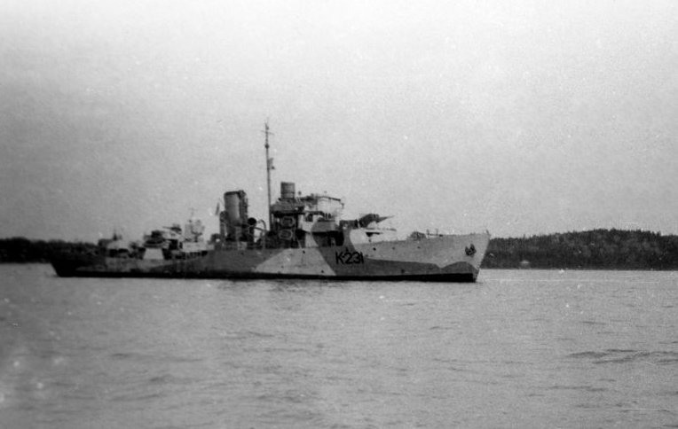 Канадский корвет «Калгари» (HMCS Calgary) идет вдоль берега