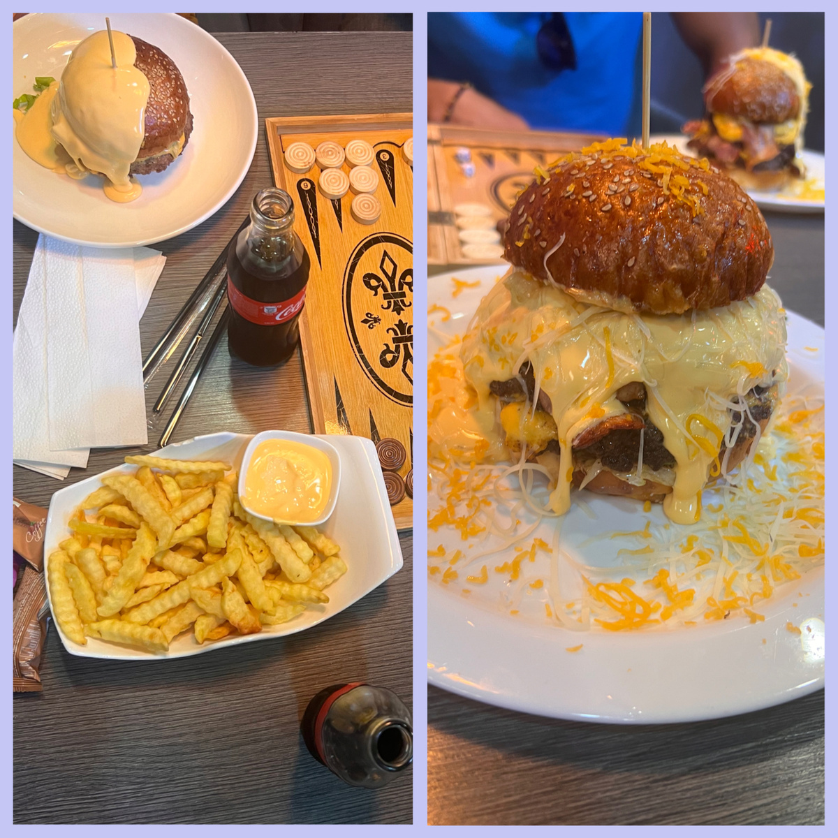 Трехэтажный бургер с шикарным сырным соусом, он на фото кажется небольшим, но на самом деле огромный.