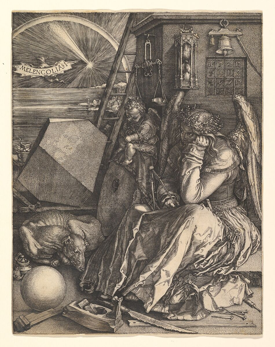 Альбрехт Дюрер — Melencolia I (1514). Гравюра, наполненная геометрическими объектами, архитектурными формами и символами — концентрация перспективного мышления.