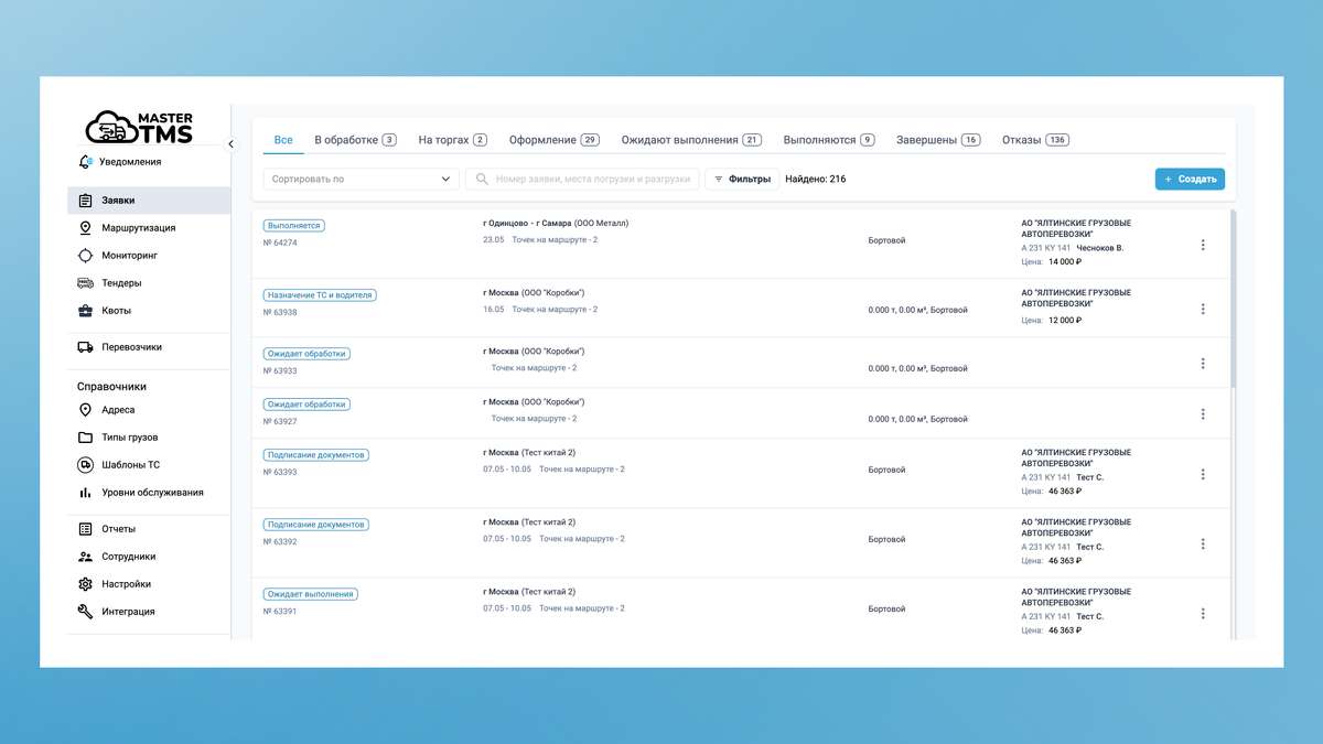 Интерфейс работы с заявками на перевозки