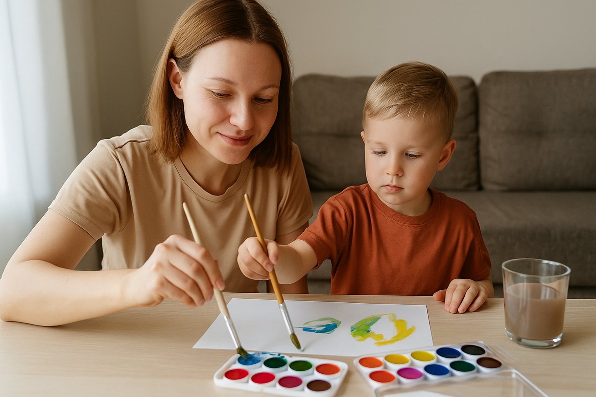 Мама и сын рисуют