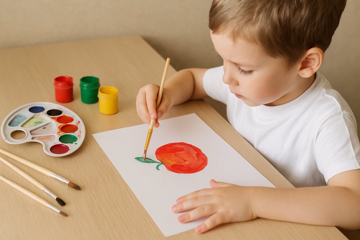 Ребенок рисует яблоко