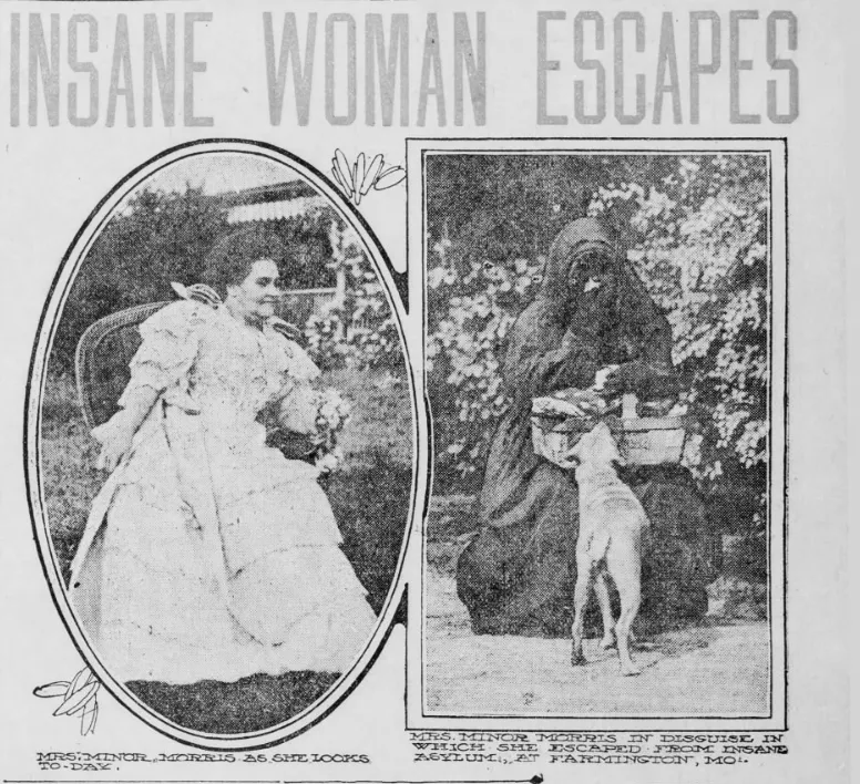 Лаура Моррис отдыхает после побега из психиатрической лечебницы (слева), и показывает, как она выглядела в костюме для побега (справа).