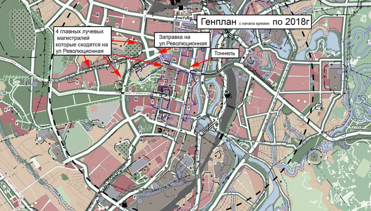 Стратегические планы развития транспортной сети города неподготовленному читателю легче всего увидеть на картах генплана 2018г