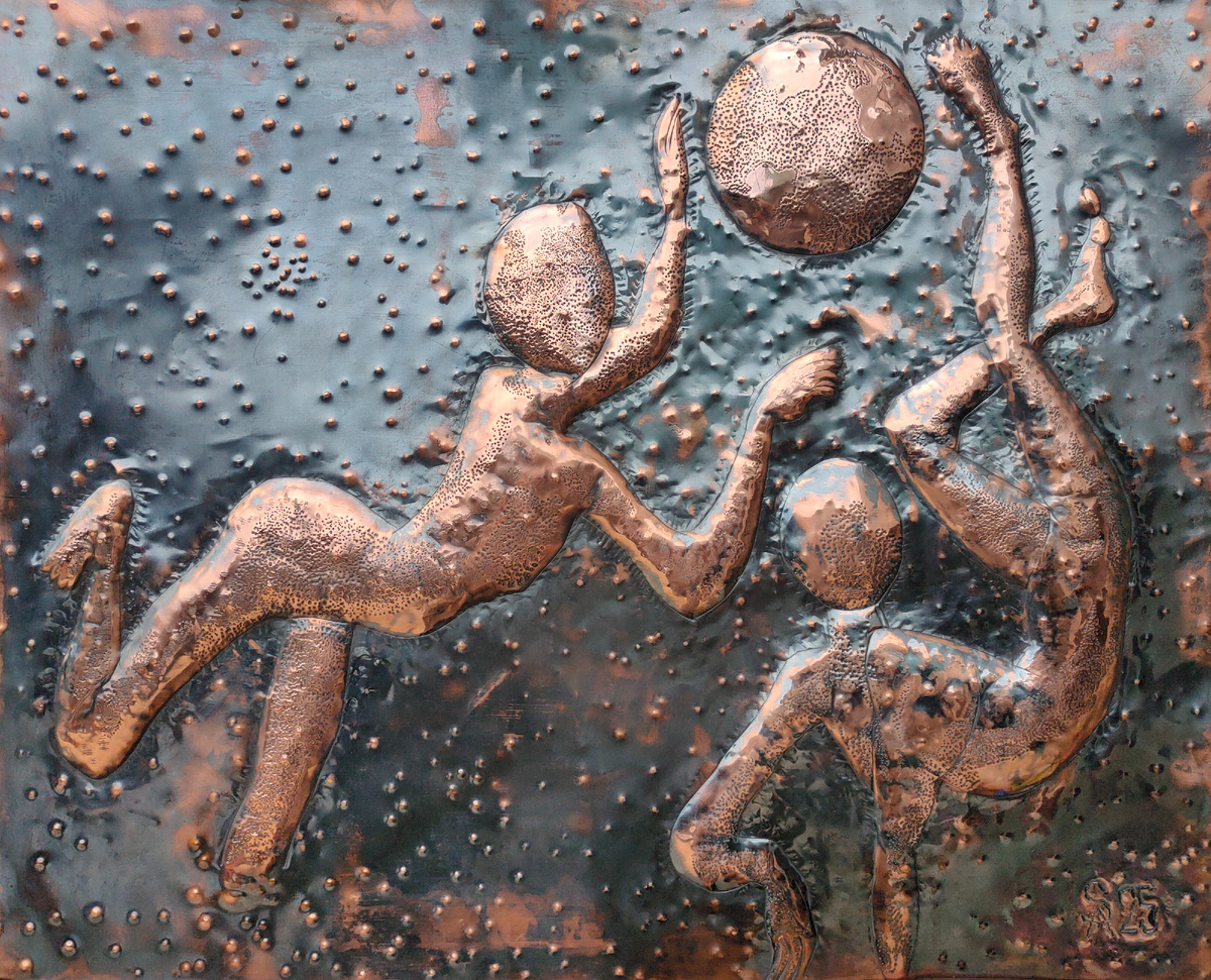 Чеканка. " Космический футбол" . Панно , Медь. 60 х75  Иркутск 2025г.