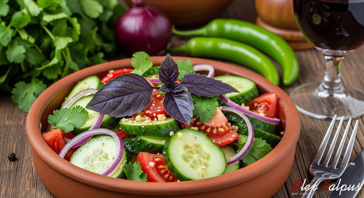 Рецепт грузинского салата из помидоров и огурцов с орехом