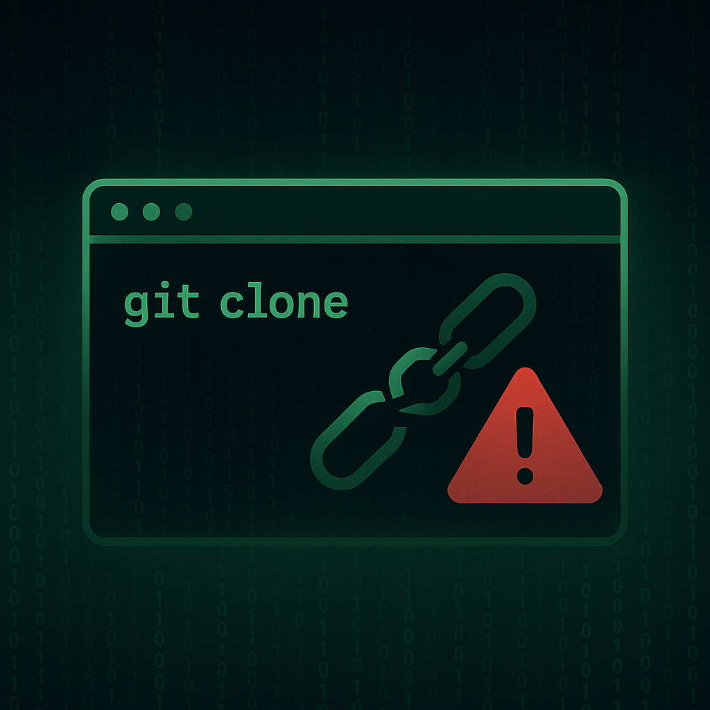 Иллюстрация демонстрирует скрытую угрозу: при рекурсивном git clone вредоносный репозиторий «ломает» цепочку безопасности и вызывает тревожный сигнал.