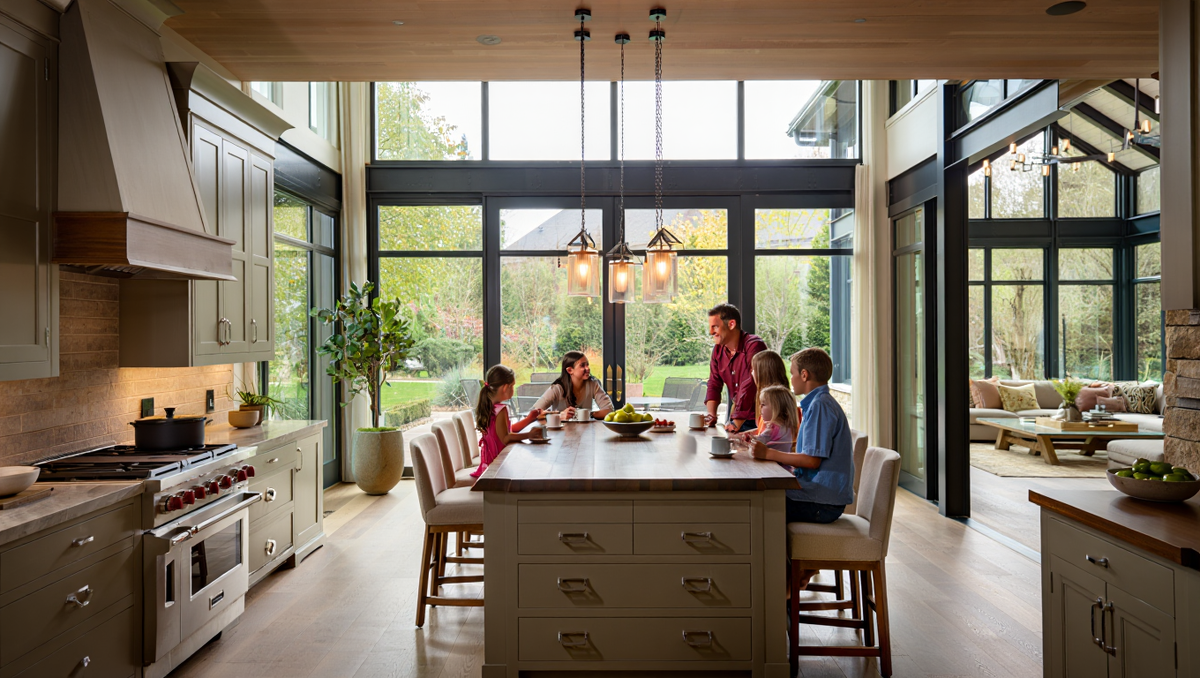 Кухня мечты в частном доме: простор, свет, тепло и семейная атмосфера — пространство для вдохновения и настоящей жизни.
