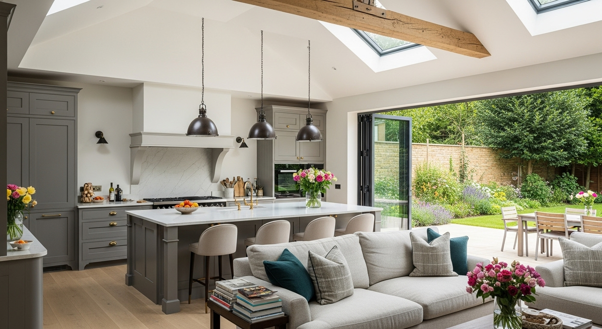Мечта без границ: просторная кухня с высокими потолками, открытая планировка, выход в сад и пространство для жизни, общения и вдохновения.
