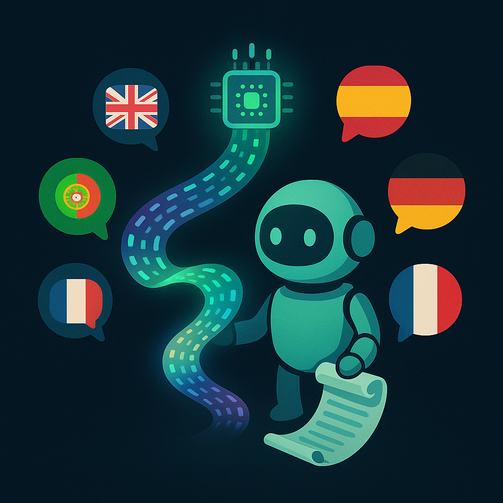 Миниатюрный «робот-мозг» окружён флагами разных языков и бесконечной лентой токенов, держит свиток длинного контекста — визуальный образ компактной, но мощной многоязычной модели SmolLM3.