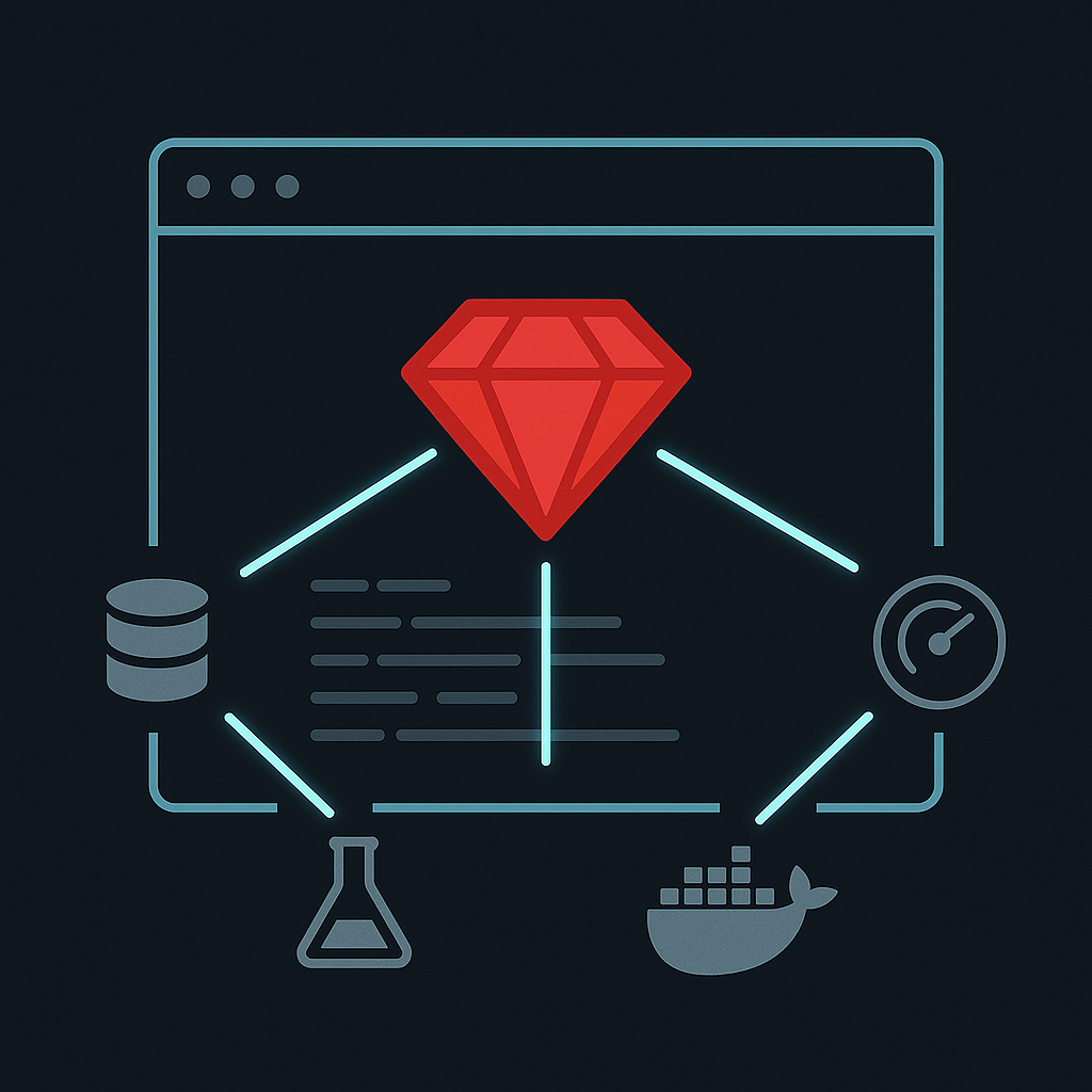 В центре браузерного окна сияет красный рубин, а к нему сходятся линии-ссылки на иконки базы данных, тестов, телеметрии и Docker — визуальная метафора Brut – нового минималистичного веб-фреймворка на Ruby, объединяющего всё нужное без лишних слоёв.