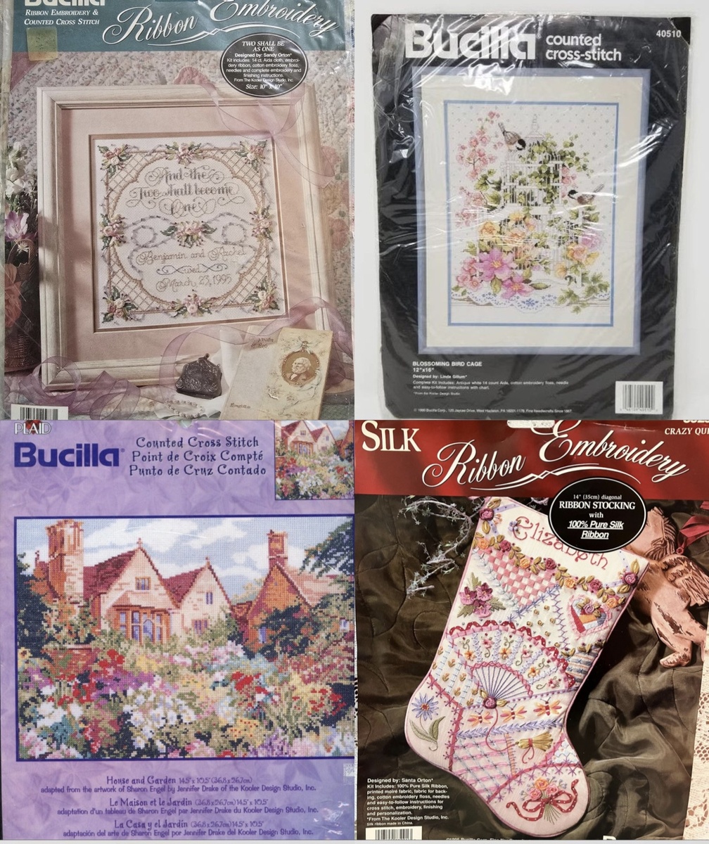 примеры винтажных наборов от Bucilla в разных техниках