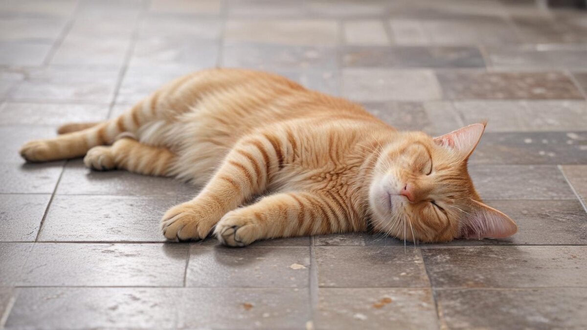 Кот лежит на прохладном полу в жару