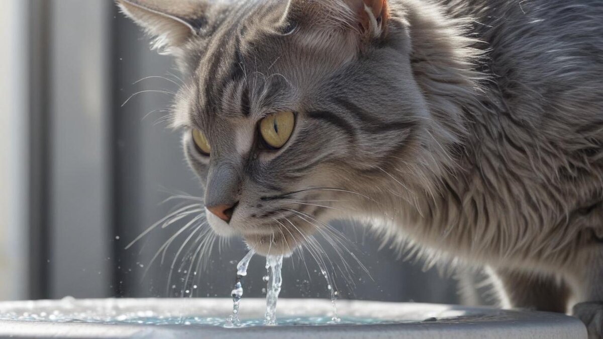 Кошка пьет из фонтанчика в летнюю жару