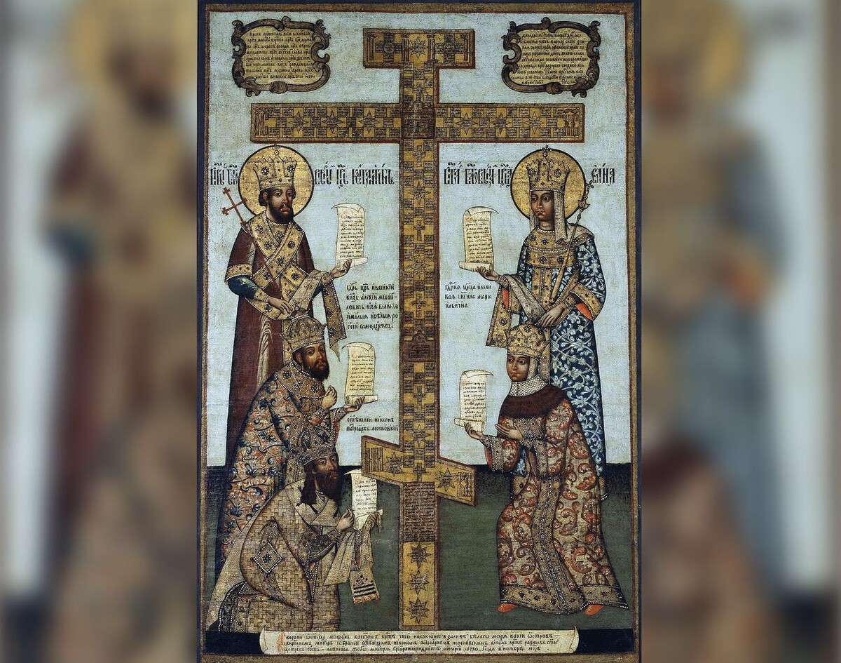    «Кийский крест с предстоящими» (слева: император Константин, царь Алексей Михайлович, патриарх Никон; справа: императрица Елена, царица Мария Ильинична). Художник Богдан Салтанов