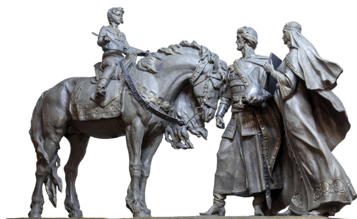 Макет какого-то красивущего памятника, попадается мне уже не первый год. Маленький Александр с родителями, Ярославом Всеволодовичем и Феодосией.