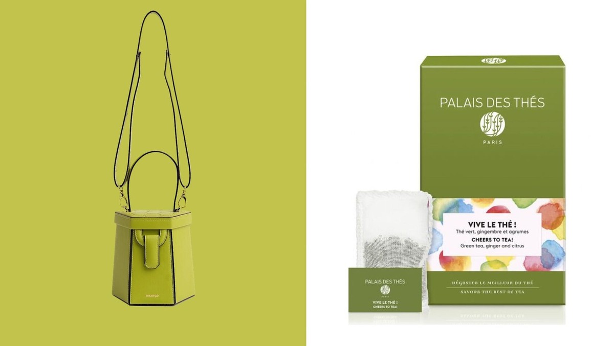 Сумка из кожи яблока Seven Pieces, 39 900 руб; Чай в бумажных пакетиках Palais des Thés, 1 390 руб