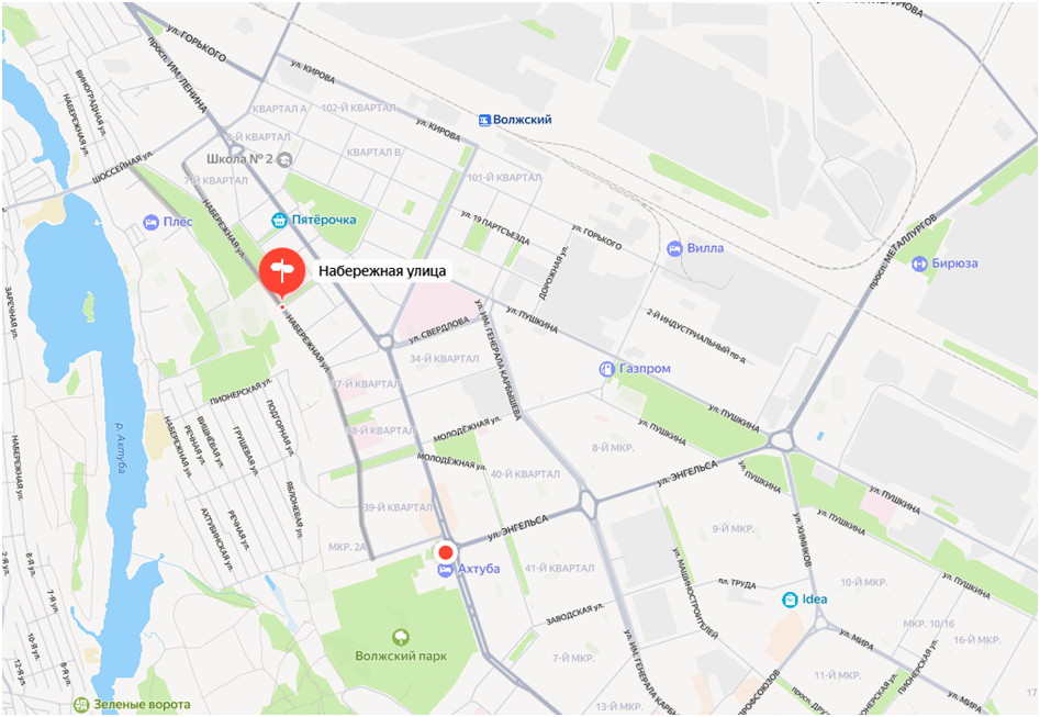 Улица Набережная на карте города Волжского.