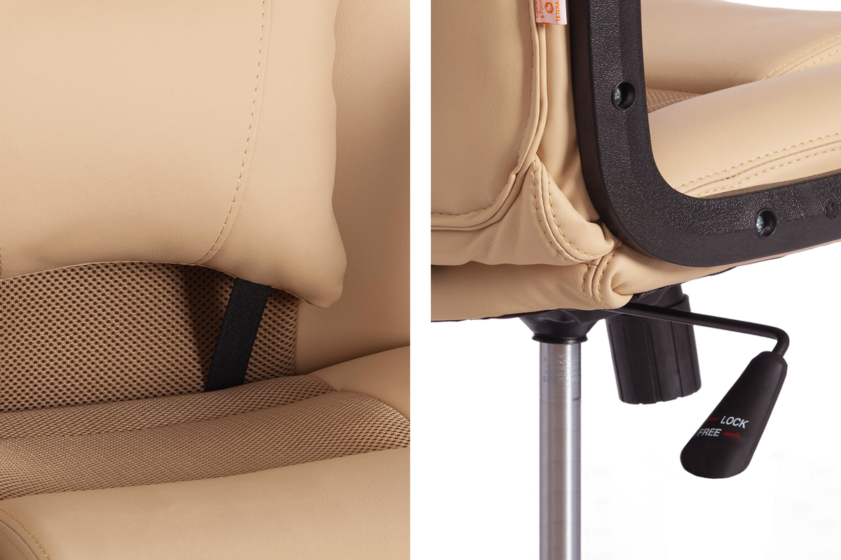 Высокая спинка с интегрированным подголовником анатомической формы и поясничный упор на ремнях — для оптимальной поддержки позвоночника.