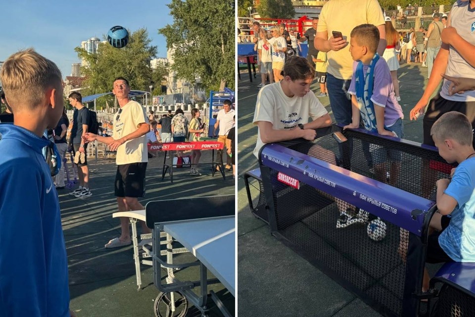    Дмитрий Иванисеня показывает класс в текболле, а Иван Бобер играет с детьми с сабсокер. Роман ГЕРАСЬКОВ