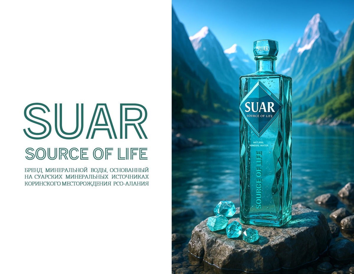 Бутылка минеральной воды СУАР на фоне горного озера в стиле фирменной айдентики бренда, подчеркивающей природное происхождение и терруарную философию.