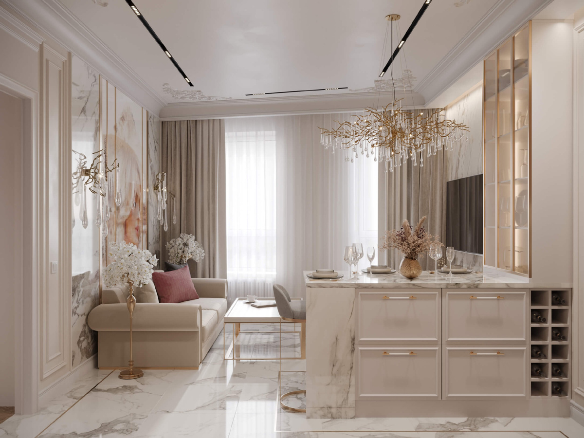 Даже в небольшом пространстве можно уместить три зоны - кухню, столовую и гостиную, функционал и аксессуары