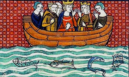 Английская монаршия чета – король Ричард Львиное Сердце и королева Беренгария Наваррская плывут от Кипра по направлению к Святой Земли. Средневековая миниатюра  