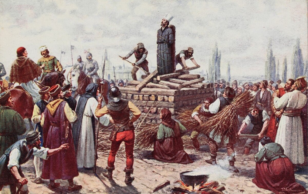 Сожжение Яна Гуса на Констанцском соборе в 1415 году. Цветная почтовая открытка. Около 1920 года / Ян Гус (1369–1415) — чешский проповедник, мыслитель, идеолог чешской Реформации.