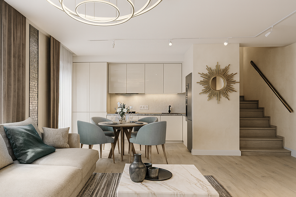 Гостиная с угловым диваном, круглый стол с голубыми стульями, интерьер от Рины Васильевой