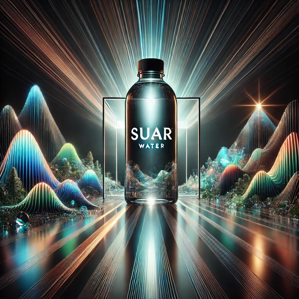 Футуристический образ воды СУАР на фоне инопланетных гор и световых волн в духе «Интерстеллара». Бутылка парит в центре композиции, словно портал между измерениями.