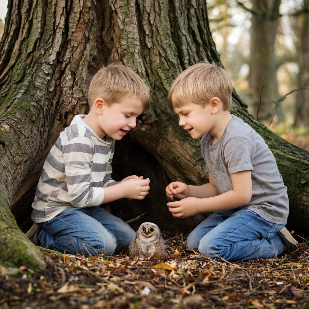 Однажды ребята нашли под деревом пушистого совёнка, видимо, он упал с высокого дерева. 