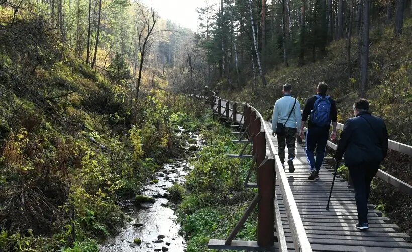     Отдыхающие у Мохового ручья в национальном парке "Столбы". © РИА Новости. Илья Наймушин