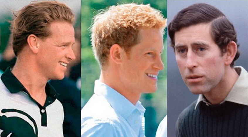 Слева: интруктор по верховой езде принцессы Дианы Джеймс Хьюитт, в центре: принц Гарри, справа принц Чарльз.