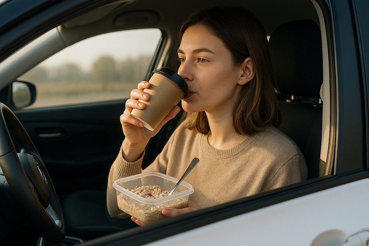 Завтрак на ходу: молодая женщина с кофе и контейнером с полезной едой.