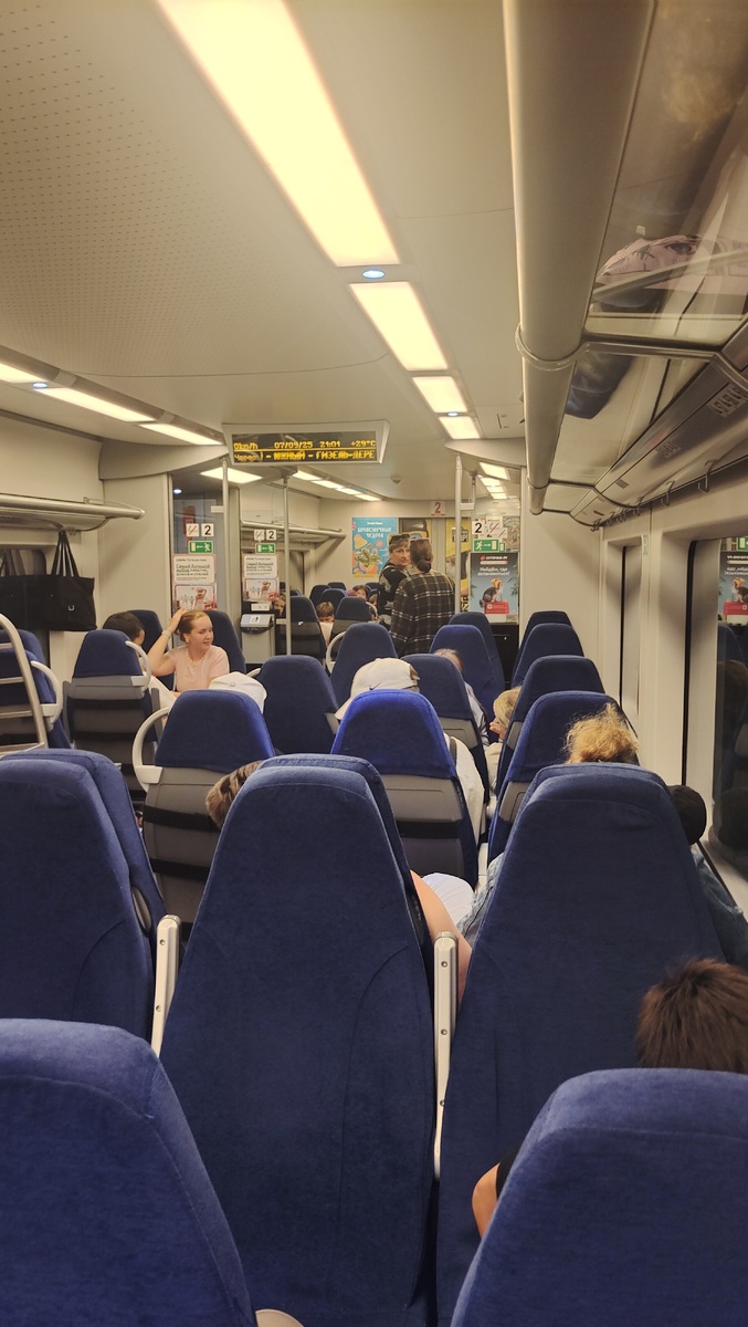 Уже почти ночь. Электричка "Ласточка" заполнена туристами. Свободных мест от силы 10℅ в вагоне. Время на табло 21:01!