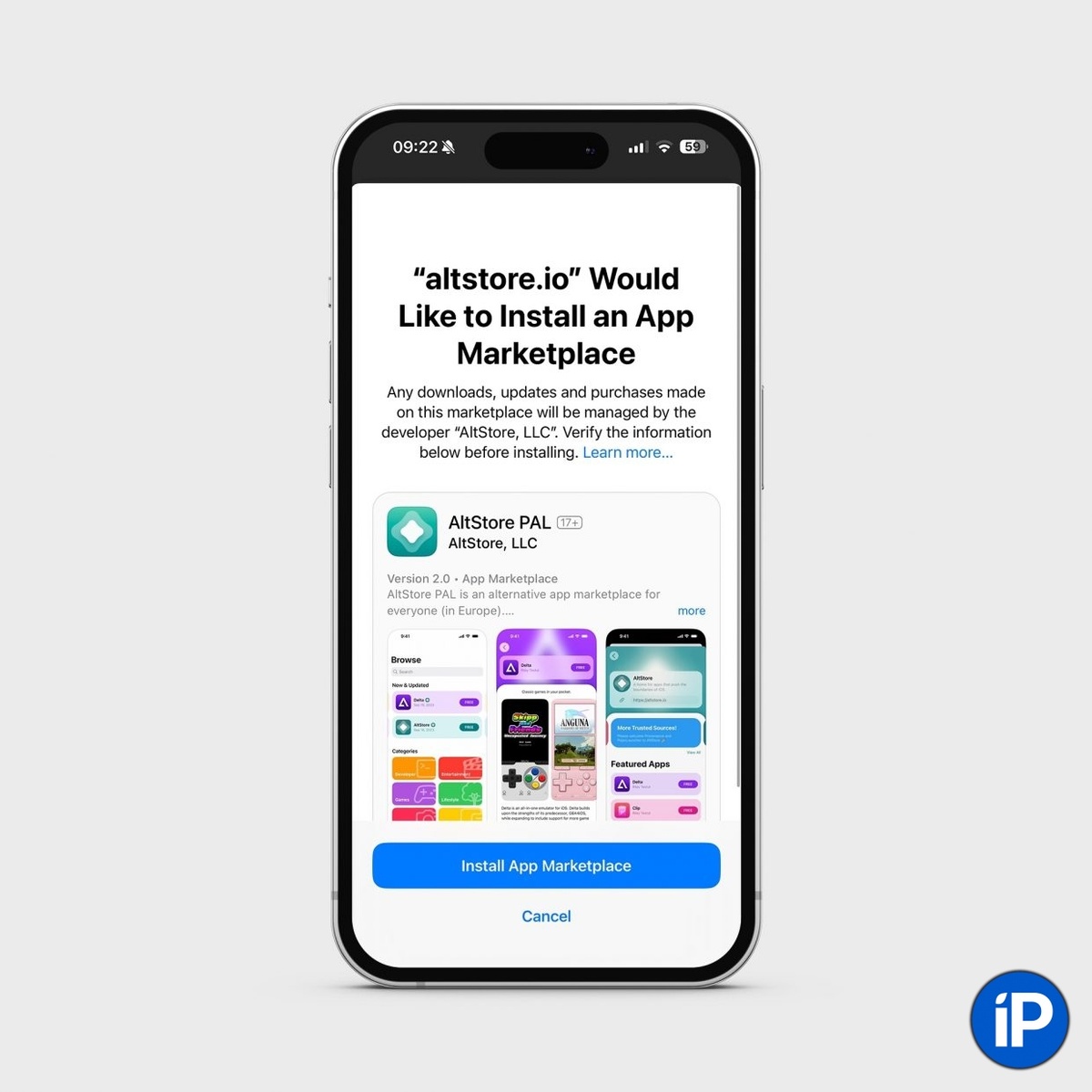 
Так выглядит окно предупреждения в iOS при первичной установке стороннего магазина в Евросоюзе.