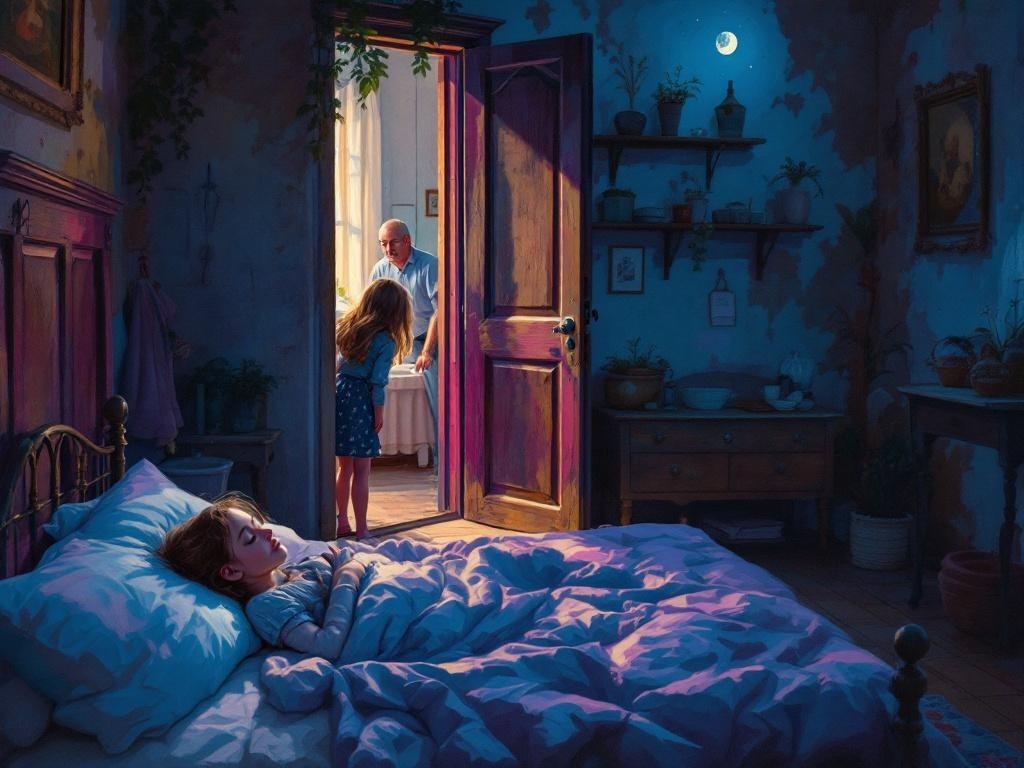    К чему такое снится: На картине изображена деревенская домашняя сцена с открытой дверью спальни. Девушка заглядывает в щель двери, где виден её дядя, стоящий внутри комнаты. Всё происход