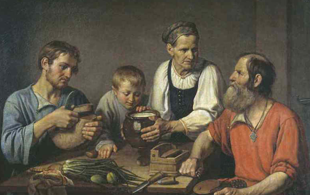 Ф. Солнцев. Крестьянское семейство перед обедом. Мещане и крестьяне они существовали в схожих условиях быта.