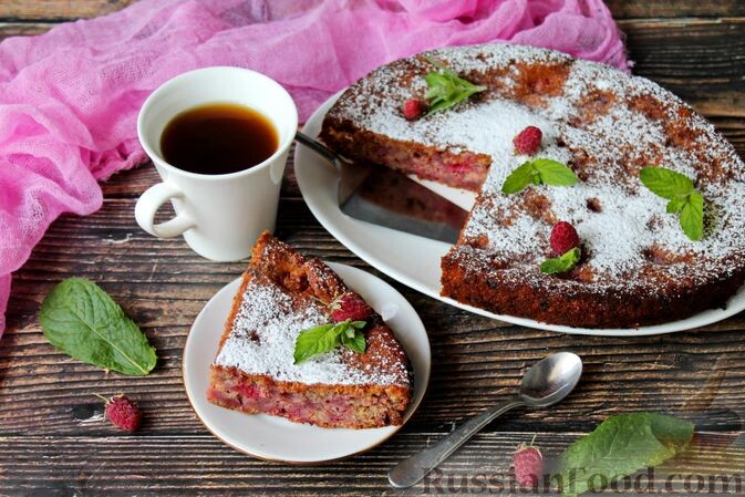 масло сливочное, яйца, сахар, малина, мука, разрыхлитель, сахар ванильный, корица молотая, пудра сахарная, соль